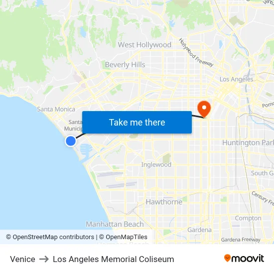 Venice to Los Angeles Memorial Coliseum map