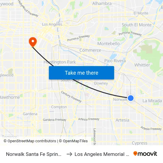 Norwalk Santa Fe Springs Station to Los Angeles Memorial Coliseum map