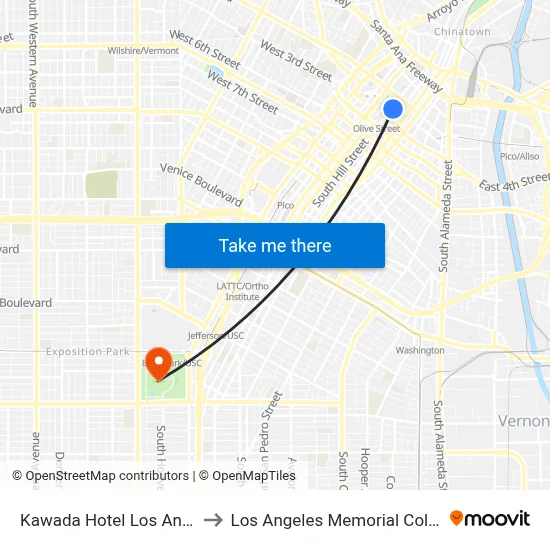 Kawada Hotel Los Angeles to Los Angeles Memorial Coliseum map