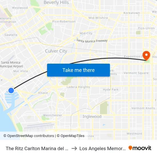 The Ritz Carlton Marina del Rey Los Angeles to Los Angeles Memorial Coliseum map