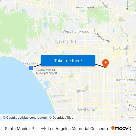 Santa Monica Pier to Los Angeles Memorial Coliseum map