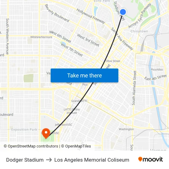 Dodger Stadium to Los Angeles Memorial Coliseum map