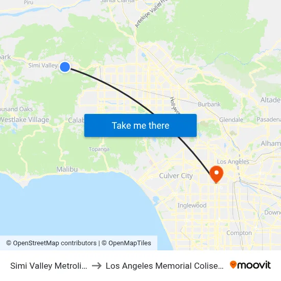 Simi Valley Metrolink to Los Angeles Memorial Coliseum map