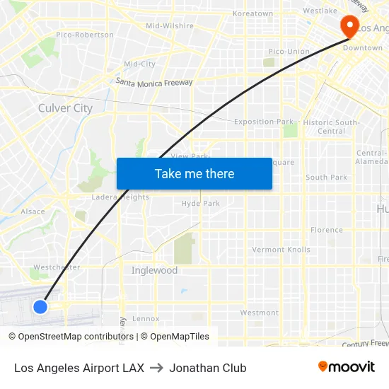 Los Angeles Airport LAX to Jonathan Club map