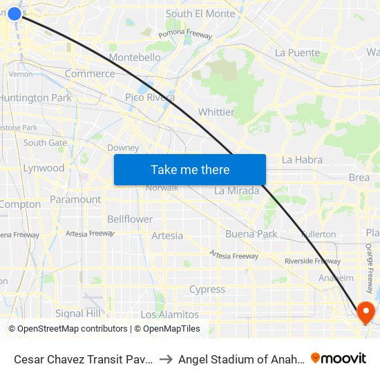 Cesar Chavez Transit Pavilion to Angel Stadium of Anaheim map