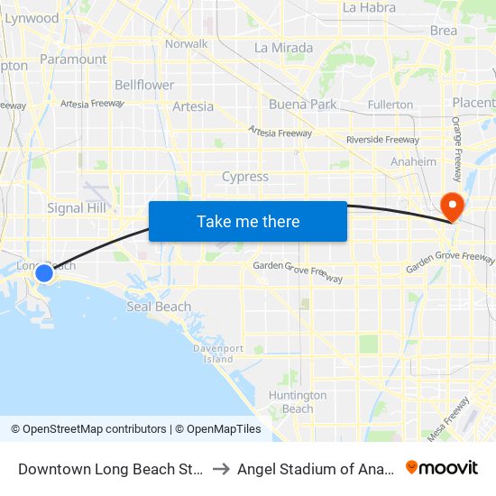 Downtown Long Beach Station to Angel Stadium of Anaheim map