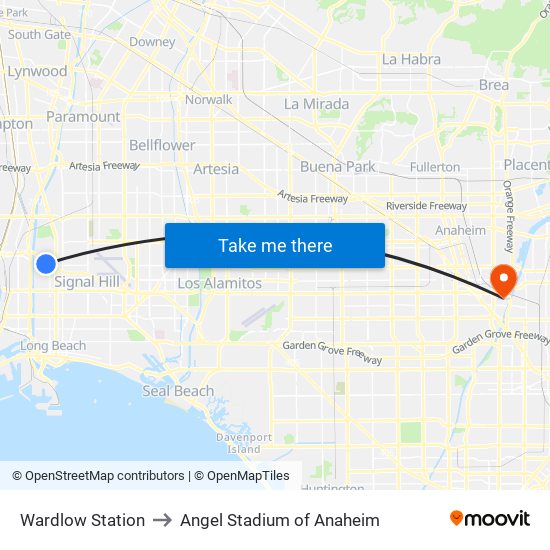 Wardlow Station to Angel Stadium of Anaheim map