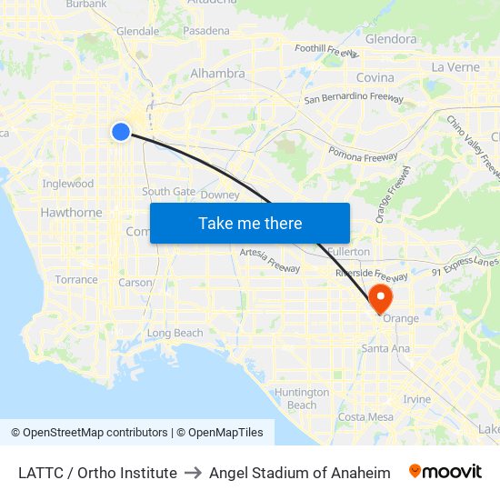 LATTC / Ortho Institute to Angel Stadium of Anaheim map