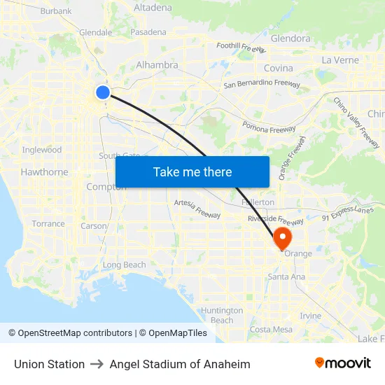 Union Station to Angel Stadium of Anaheim map