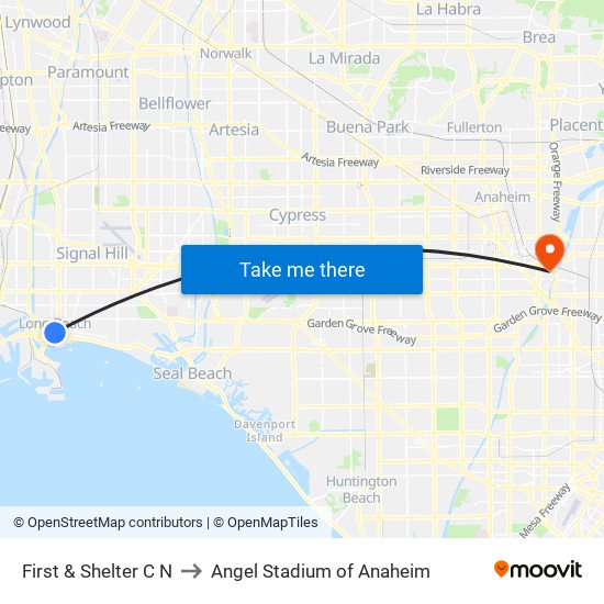 First & Shelter C N to Angel Stadium of Anaheim map