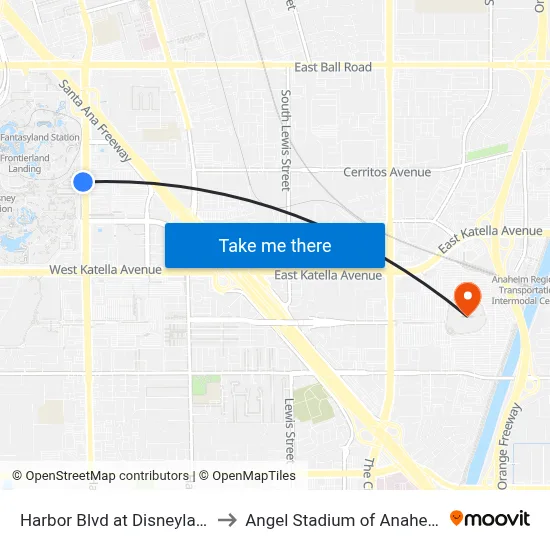 Harbor Blvd at Disneyland to Angel Stadium of Anaheim map