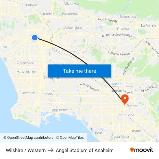 Wilshire / Western to Angel Stadium of Anaheim map