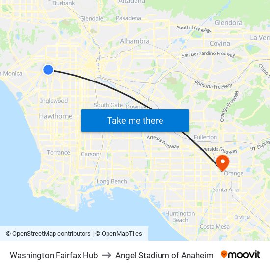 Washington Fairfax Hub to Angel Stadium of Anaheim map