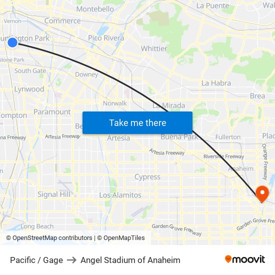 Pacific / Gage to Angel Stadium of Anaheim map