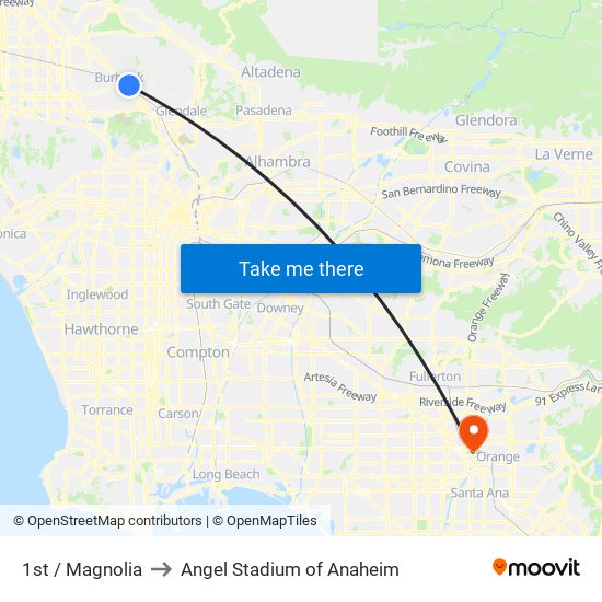 1st / Magnolia to Angel Stadium of Anaheim map