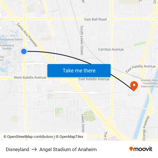 Disneyland to Angel Stadium of Anaheim map