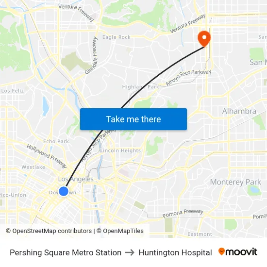 Pershing Square Metro Station to Huntington Hospital map