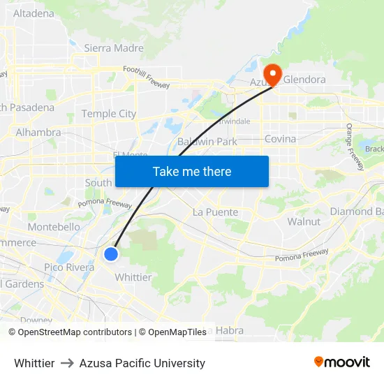 Whittier to Azusa Pacific University map