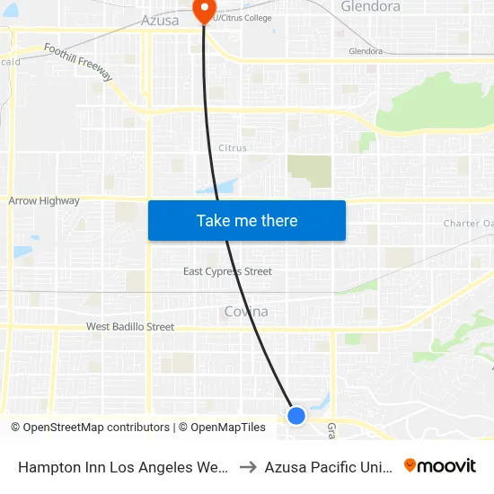 Hampton Inn Los Angeles West Covina to Azusa Pacific University map