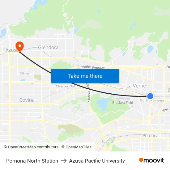 Pomona North Station to Azusa Pacific University map