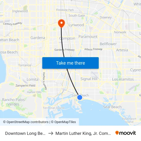 Downtown Long Beach Station to Martin Luther King, Jr. Community Hospital map