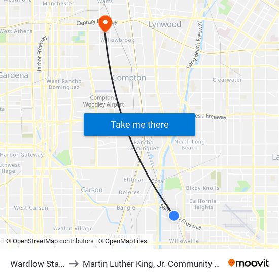 Wardlow Station to Martin Luther King, Jr. Community Hospital map