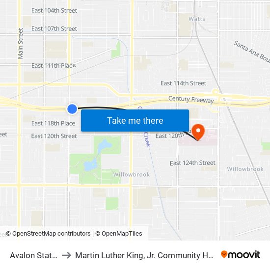 Avalon Station to Martin Luther King, Jr. Community Hospital map