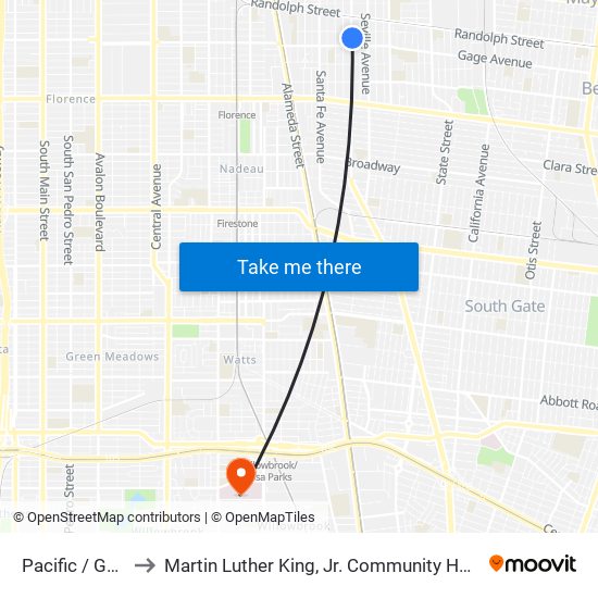 Pacific / Gage to Martin Luther King, Jr. Community Hospital map