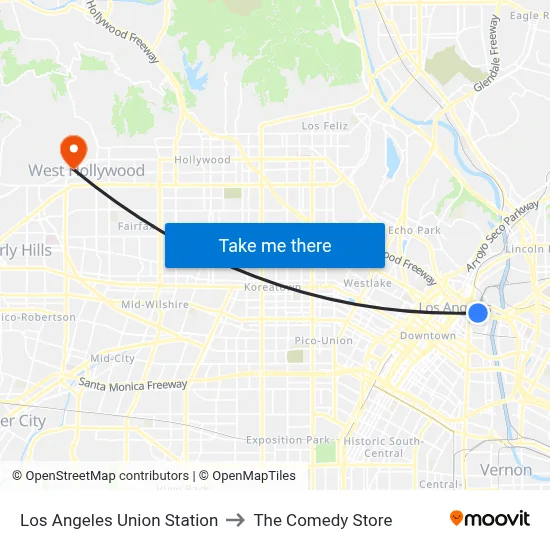 Los Angeles Union Station to The Comedy Store map