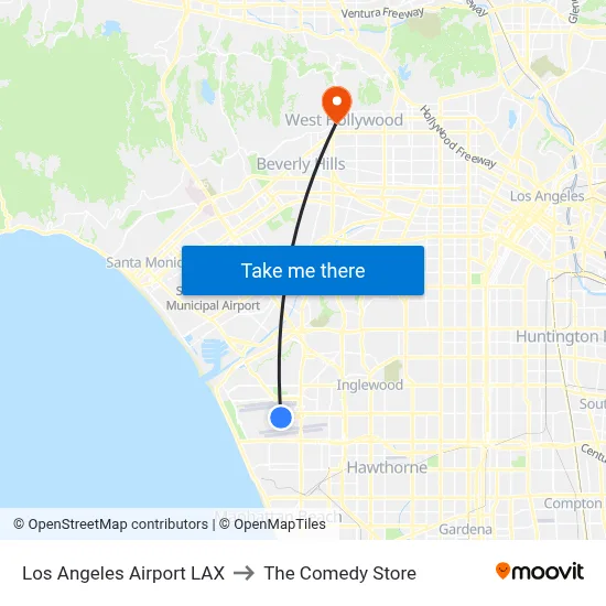 Los Angeles Airport LAX to The Comedy Store map