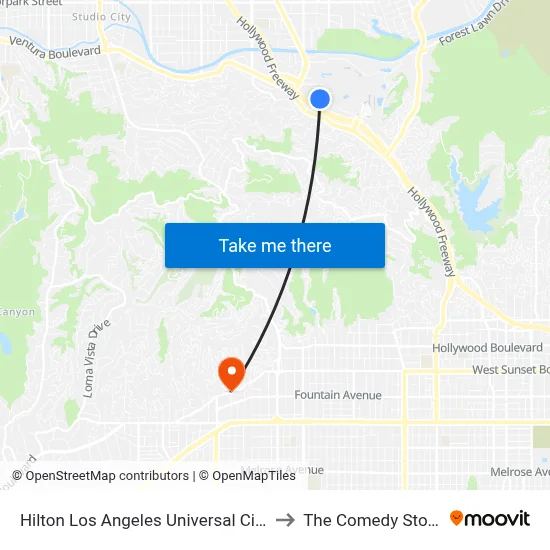 Hilton Los Angeles Universal City to The Comedy Store map