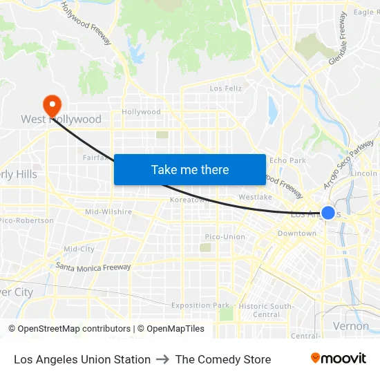 Los Angeles Union Station to The Comedy Store map