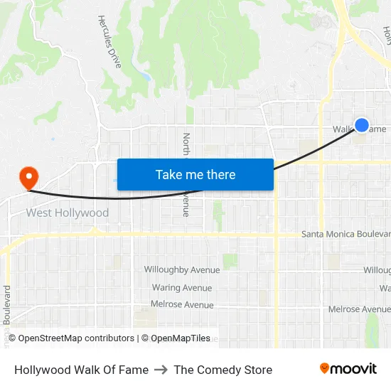 Hollywood Walk Of Fame to The Comedy Store map