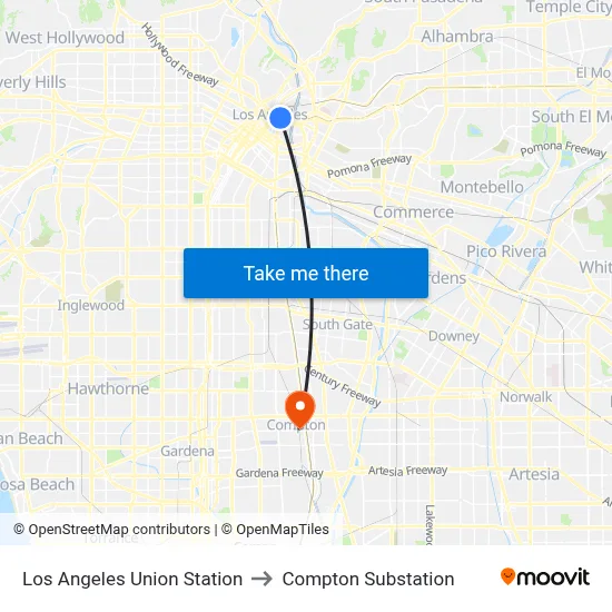 Los Angeles Union Station to Compton Substation map