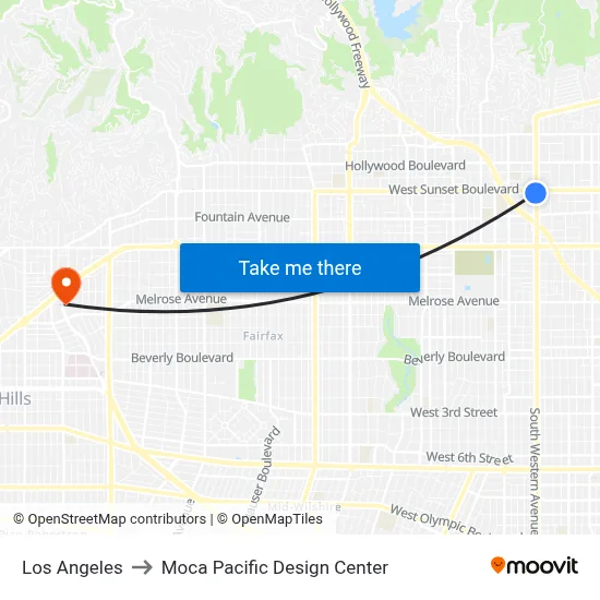 Los Angeles to Moca Pacific Design Center map