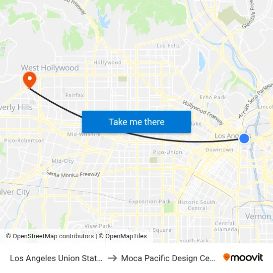 Los Angeles Union Station to Moca Pacific Design Center map