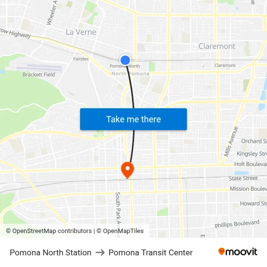 Pomona North Station to Pomona Transit Center map