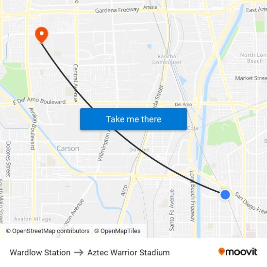 Wardlow Station to Aztec Warrior Stadium map