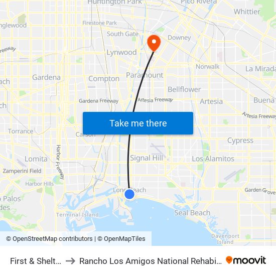 First & Shelter C N to Rancho Los Amigos National Rehabilitation Center map