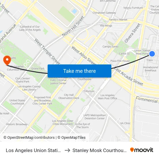 Los Angeles Union Station to Stanley Mosk Courthouse map