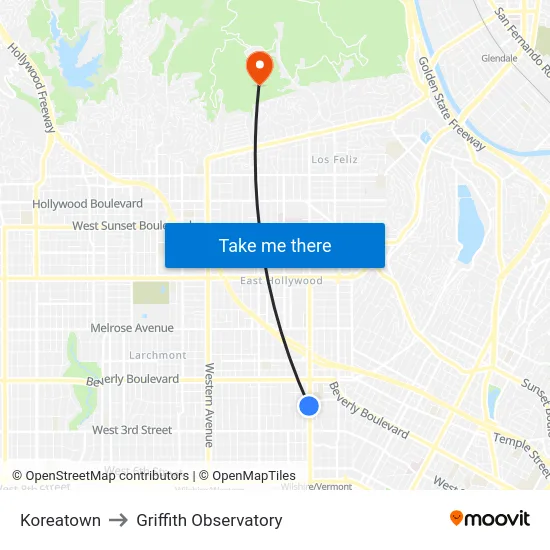 Koreatown to Griffith Observatory map