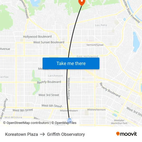 Koreatown Plaza to Griffith Observatory map