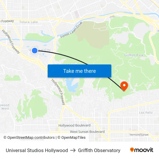 Universal Studios Hollywood to Griffith Observatory map