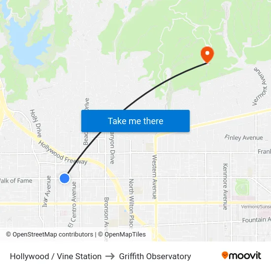 Hollywood / Vine Station to Griffith Observatory map