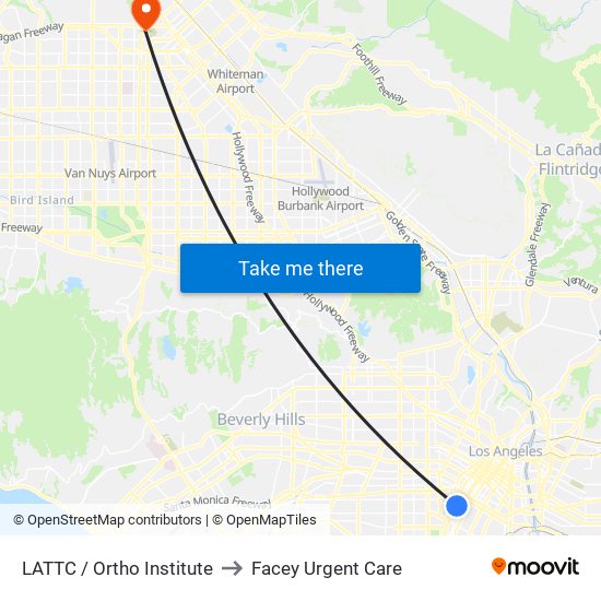 LATTC / Ortho Institute to Facey Urgent Care map