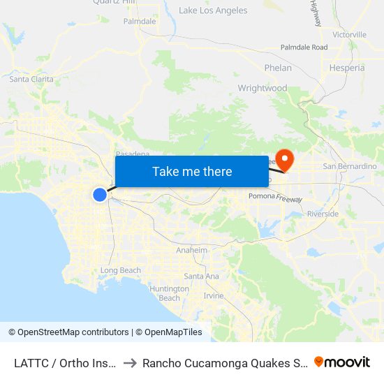 LATTC / Ortho Institute to Rancho Cucamonga Quakes Stadium map