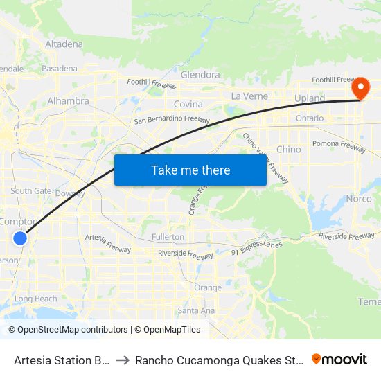 Artesia Station Bay 3 to Rancho Cucamonga Quakes Stadium map