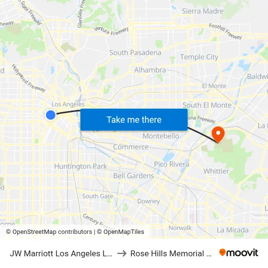 JW Marriott Los Angeles L A LIVE to Rose Hills Memorial Chapel map