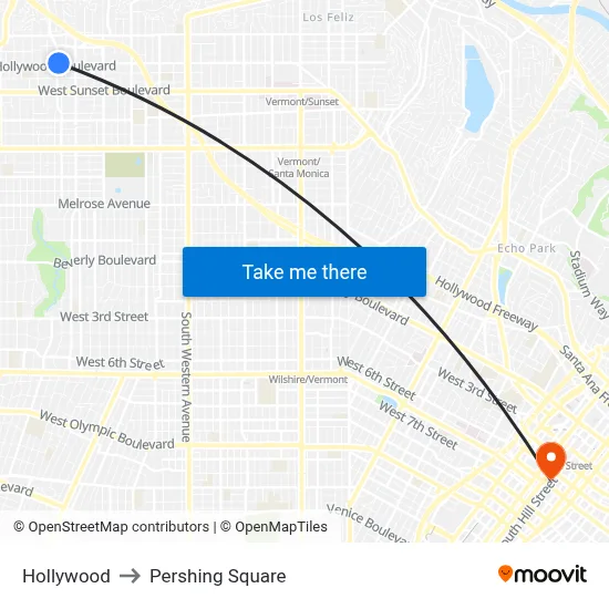Hollywood to Pershing Square map