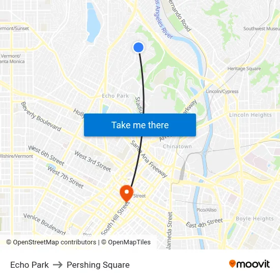 Echo Park to Pershing Square map